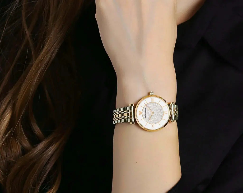 Emporio Armani AR2076 Gianni T Bar Analog White Dial Two Tone Steel Strap Watch For Women Emporio Armani