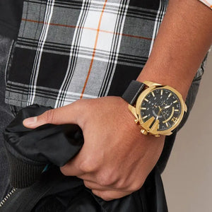 Diesel DZ4344 Mega Chief Chronograph Black Dial Black Leather Strap Watch For Men Diesel