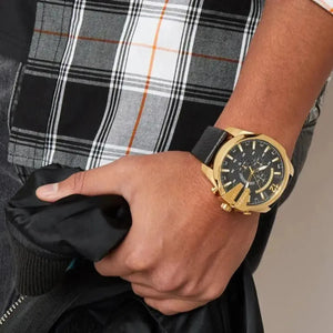 Diesel DZ4344 Mega Chief Chronograph Black Dial Black Leather Strap Watch For Men Diesel