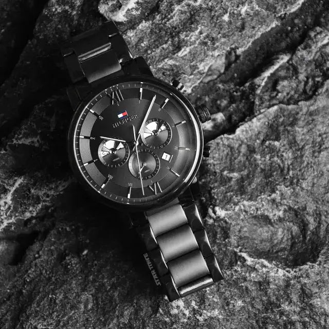 Tommy Hilfiger 1710410 Evan Chronograph Quartz Black Dial Black Steel Strap Watch For Men Tommy Hilfiger