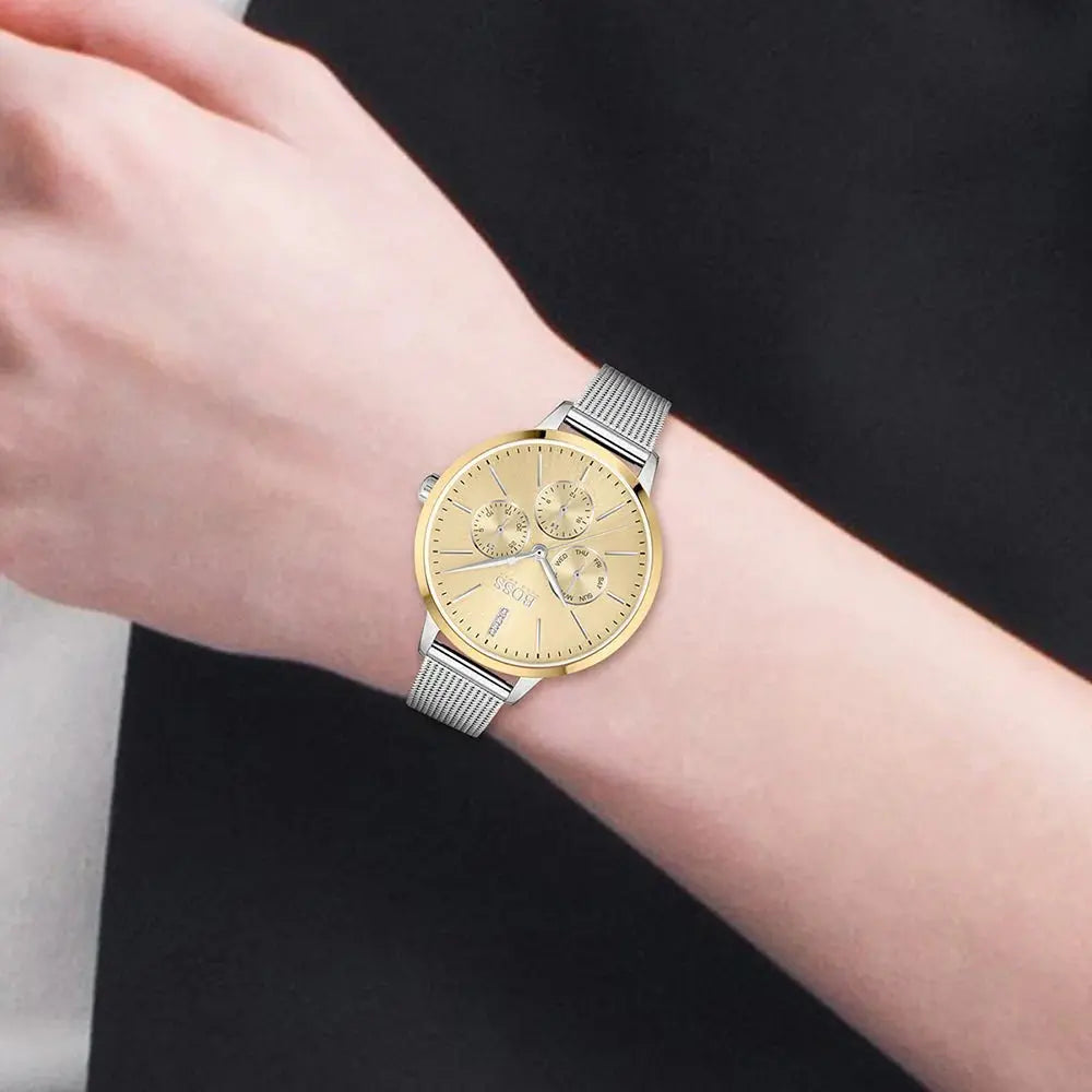 Hugo Boss 1502600 Symphony Gold Dial Silver Mesh Bracelet Watch for Women Hugo Boss