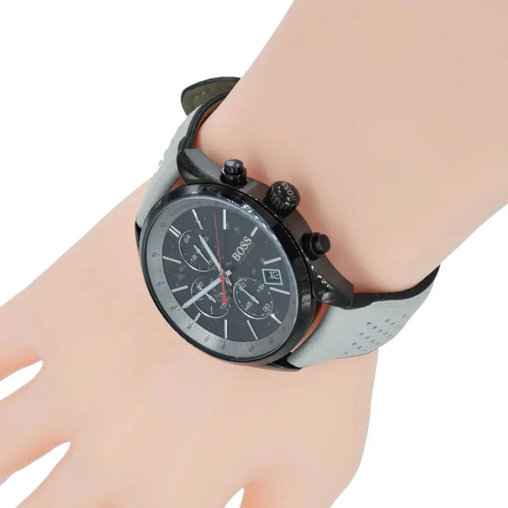 Hugo Boss 1513562 Grand Prix Chronograph Black Dial Grey Leather Strap Watch for Men Hugo Boss