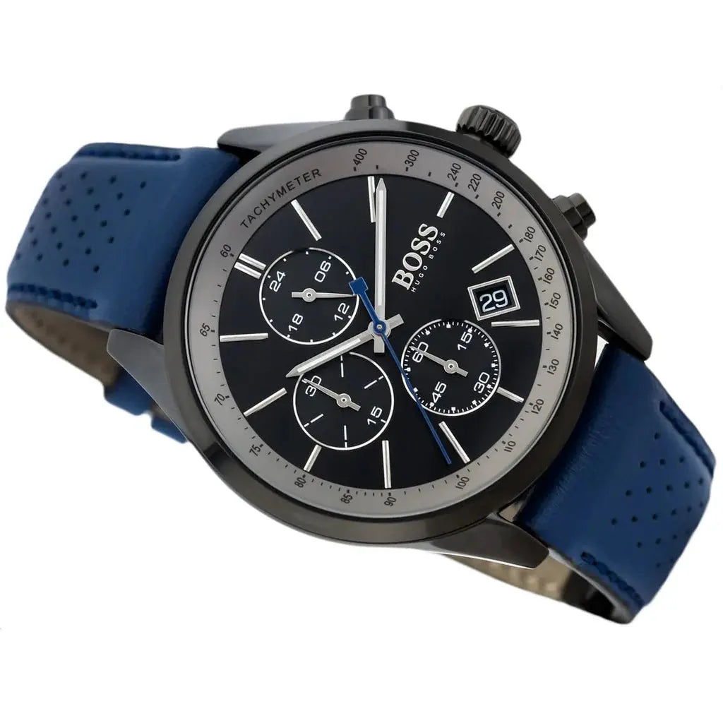 Hugo Boss 1513563 Grand Prix Chronograph Black Dial Blue Leather Strap Watch for Men Hugo Boss