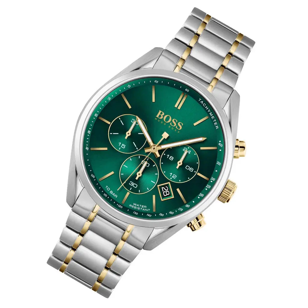 Hugo Boss 1513878 Champion Chronograph Green Dial Two Tone Steel Strap Watch for Men Hugo Boss