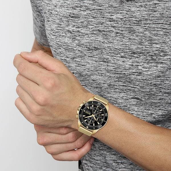 Hugo Boss 1513703 Ocean Edition Black Dial Gold Mesh Bracelet Watch for Men Hugo Boss