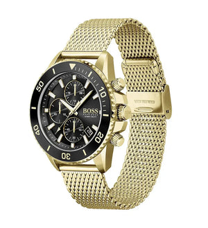 Hugo Boss 1513703 Ocean Edition Black Dial Gold Mesh Bracelet Watch for Men Hugo Boss