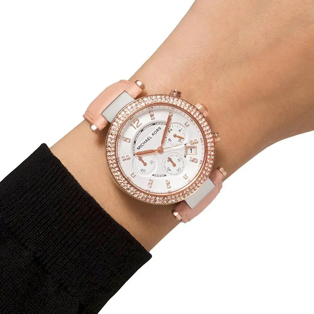Michael Kors MK5633 Parker Chronograph White Dial Tan Leather Strap Watch for Women Michael Kros