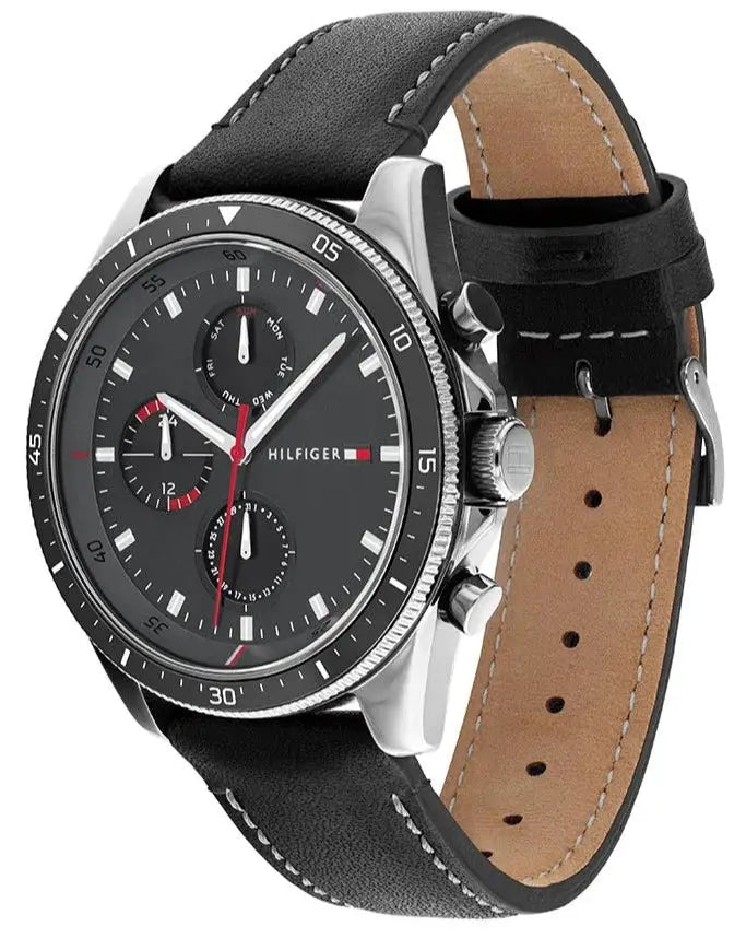 Tommy Hilfiger 1791838 Parker Chronograph Quartz Grey Dial Black Leather Strap Watch For Men Tommy Hilfiger