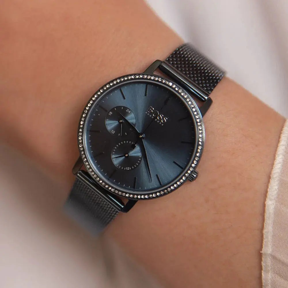 Hugo Boss 1502521 Infinity Black Dial Black Mesh Bracelet Watch for Women Hugo Boss