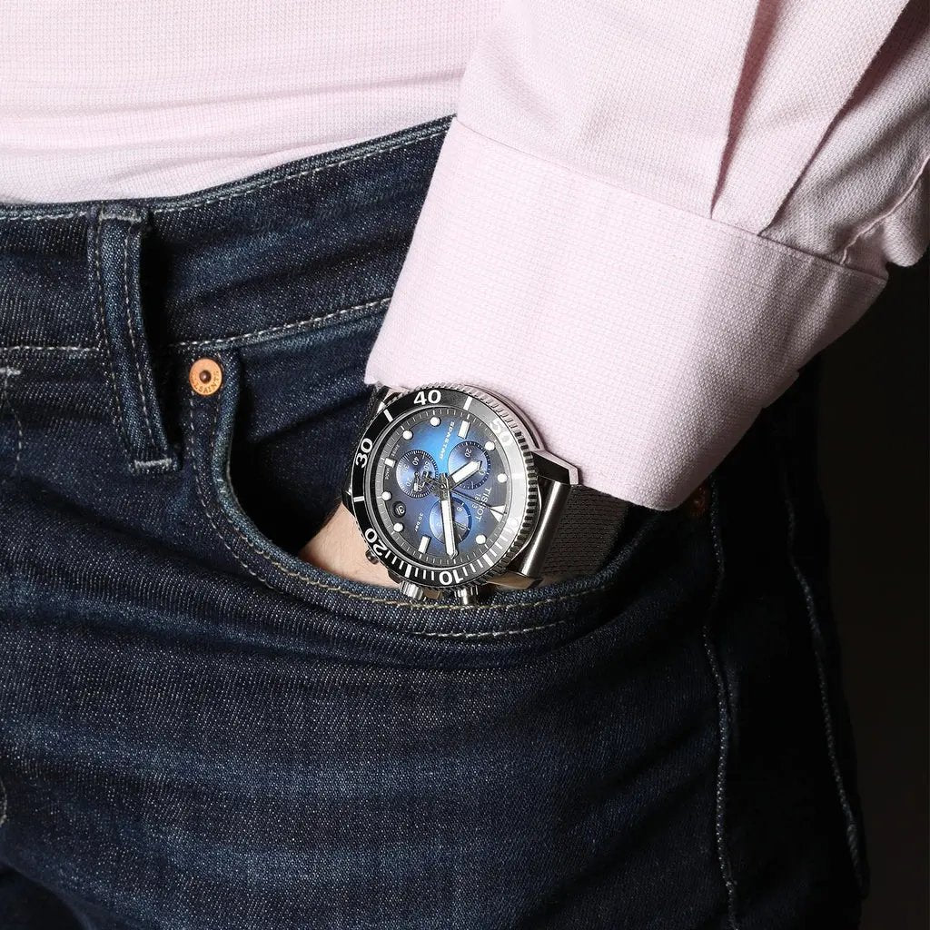 Tissot T120.417.11.041.02 Seastar 1000 Chronograph Blue Dial Silver Mesh Bracelet Watch For Men Tissot