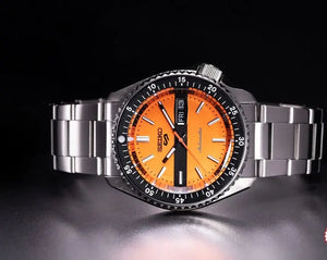 Seiko SRPK11K1 5 Sports Double Hurricane Retro Orange Dial Silver Steel Strap Watch For Men Seiko
