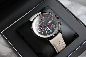 Hugo Boss 1513562 Grand Prix Chronograph Black Dial Grey Leather Strap Watch for Men Hugo Boss