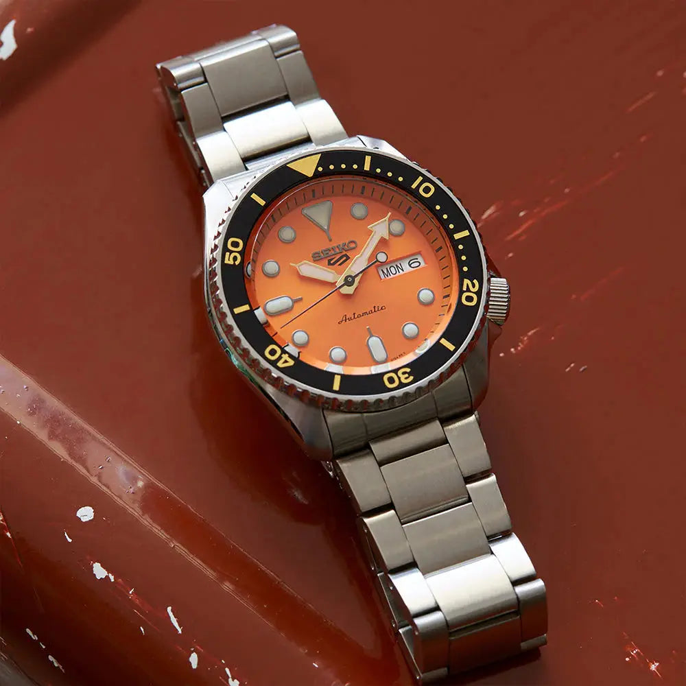 Seiko SRPD59K1 5 Sports Automatic Orange Dial Silver Steel Strap Watch For Men Seiko