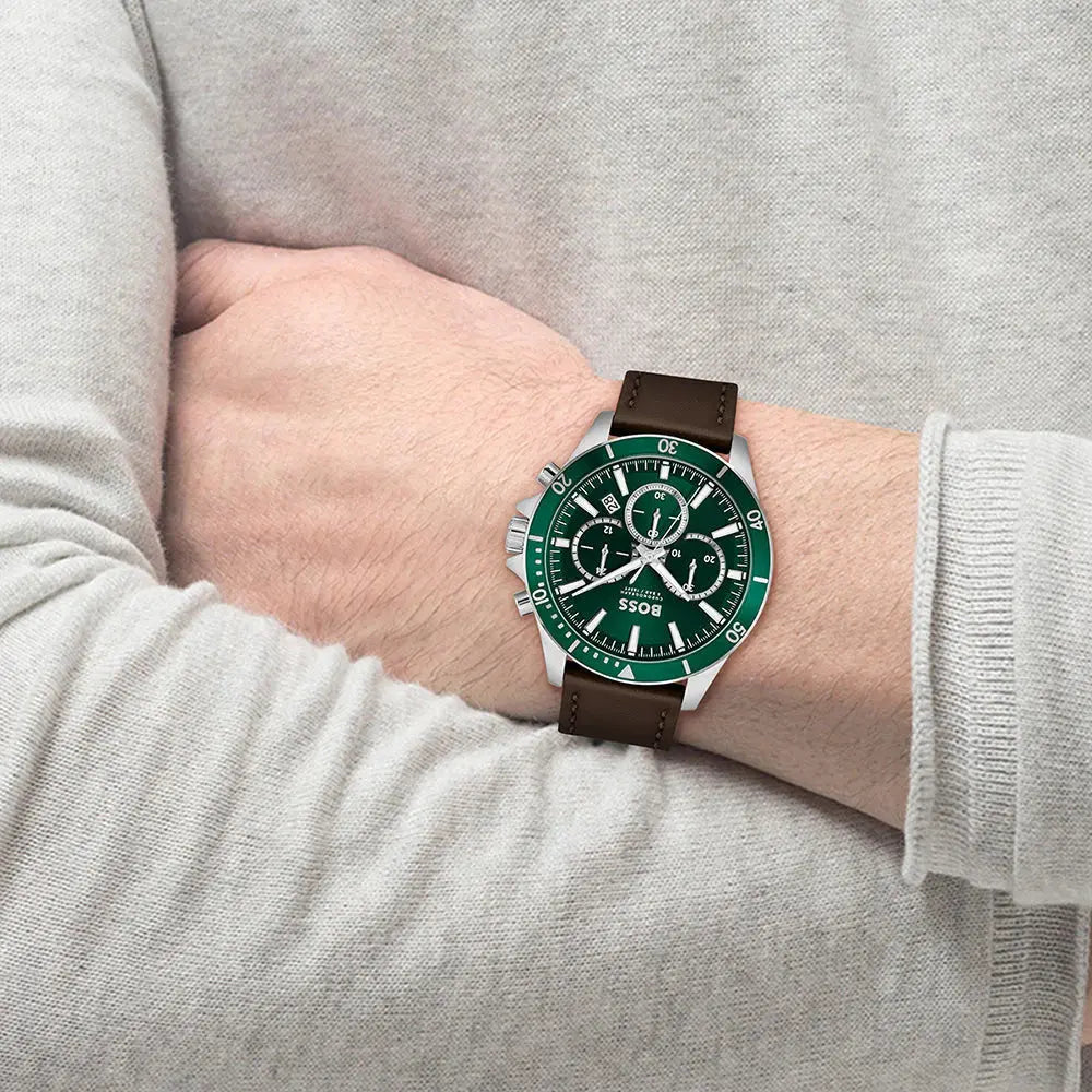 Hugo Boss 1514098 Troper Chronograph Green Dial Brown Leather Strap Watch For Men Hugo Boss