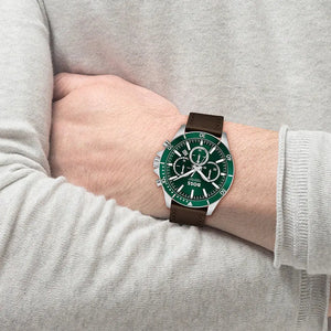 Hugo Boss 1514098 Troper Chronograph Green Dial Brown Leather Strap Watch For Men Hugo Boss