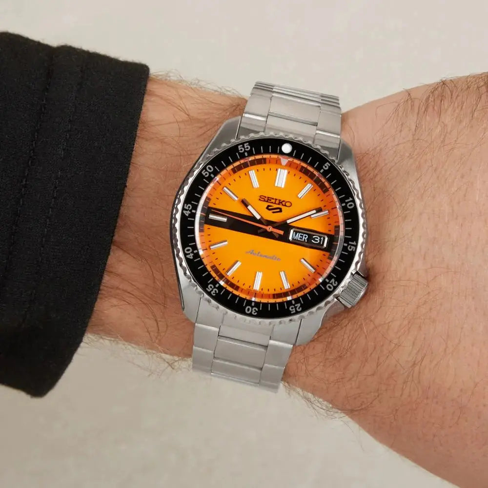 Seiko SRPK11K1 5 Sports Double Hurricane Retro Orange Dial Silver Steel Strap Watch For Men Seiko