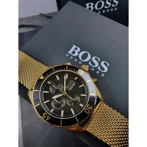 Hugo Boss 1513703 Ocean Edition Black Dial Gold Mesh Bracelet Watch for Men Hugo Boss