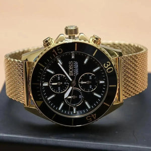 Hugo Boss 1513703 Ocean Edition Black Dial Gold Mesh Bracelet Watch for Men Hugo Boss