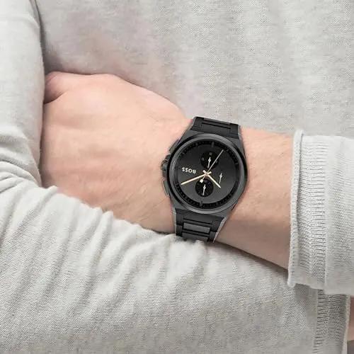 Hugo Boss 1514068 Steer Analog Black Dial Black Steel Strap Watch For Men Hugo Boss