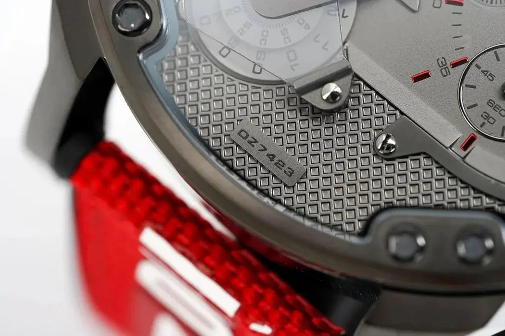 Diesel DZ7423 Mr Daddy 2.0 Chronograph Grey Dial Red Rubber Strap Watch For Men Diesel