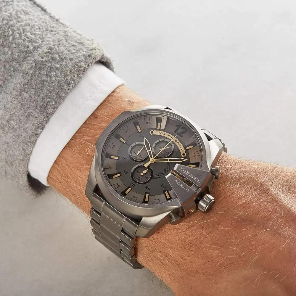 Diesel DZ4466 Mega Chief Chronograph Grey Dial Grey Steel Strap Watch For Men Diesel