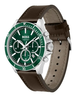 Hugo Boss 1514098 Troper Chronograph Green Dial Brown Leather Strap Watch For Men Hugo Boss