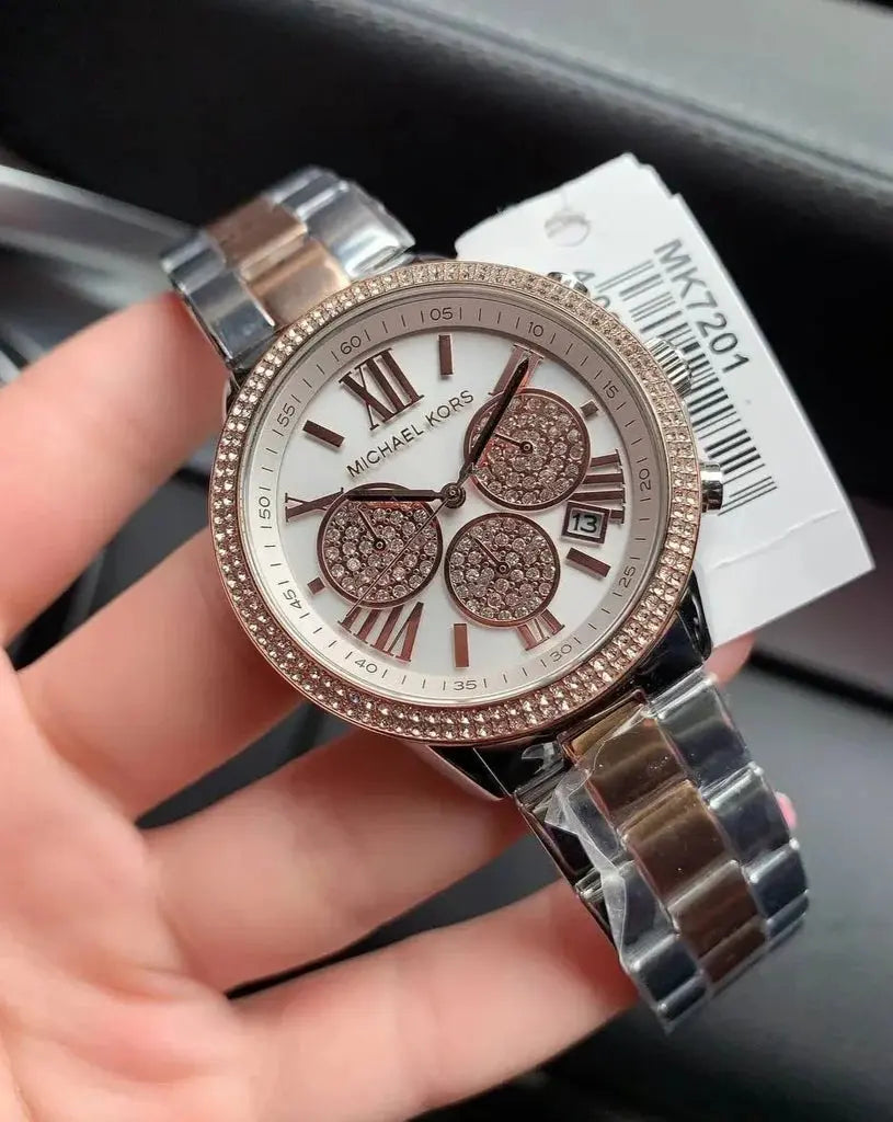 Michael Kors MK7201 Bryn Pavé White Dial Two Tone Steel Strap Watch For Women Michael Kros