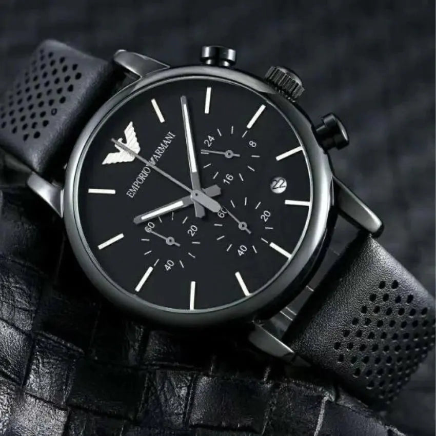 Emporio Armani AR1737 Luigi Chronograph Black Dial Black Leather Strap Watch For Men Emporio Armani
