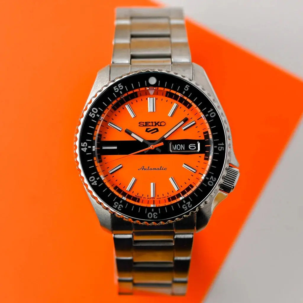 Seiko SRPK11K1 5 Sports Double Hurricane Retro Orange Dial Silver Steel Strap Watch For Men Seiko