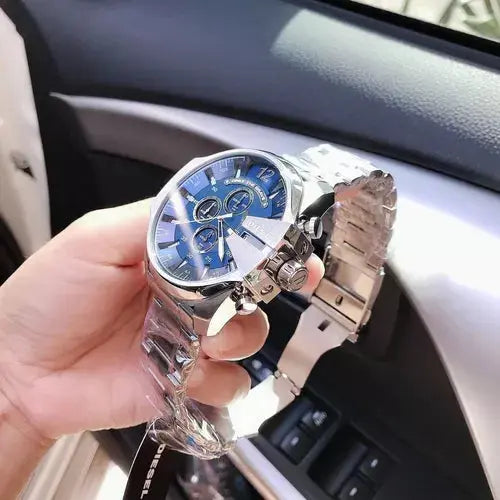 Diesel DZ4417 Mega Chief Chronograph Blue Dial Silver Steel Strap Watch For Men Diesel