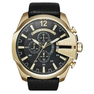 Diesel DZ4344 Mega Chief Chronograph Black Dial Black Leather Strap Watch For Men Diesel
