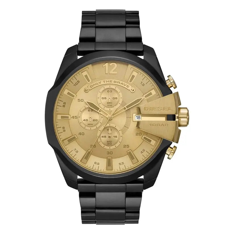 Diesel DZ4485 Mega Chief Chronograph Gold Dial Black Steel Strap Watch For Men Diesel