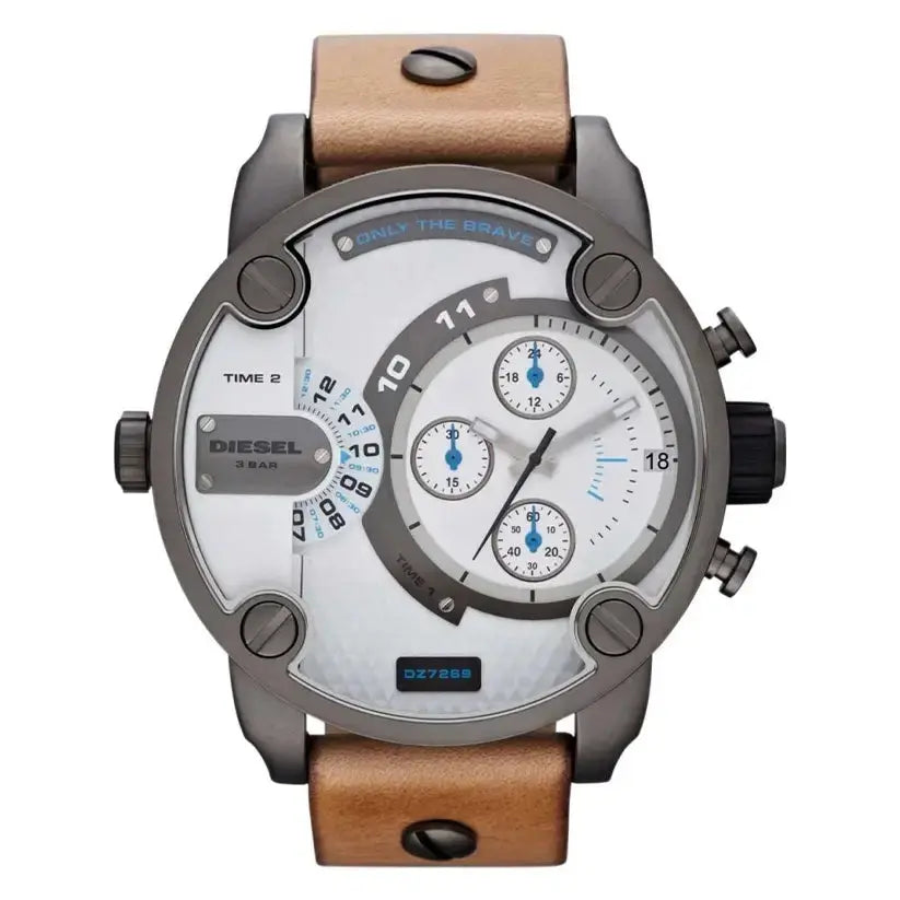 Diesel DZ7269 SBA Dual Time Chronograph White Dial Brown Leather Strap Watch For Men Diesel