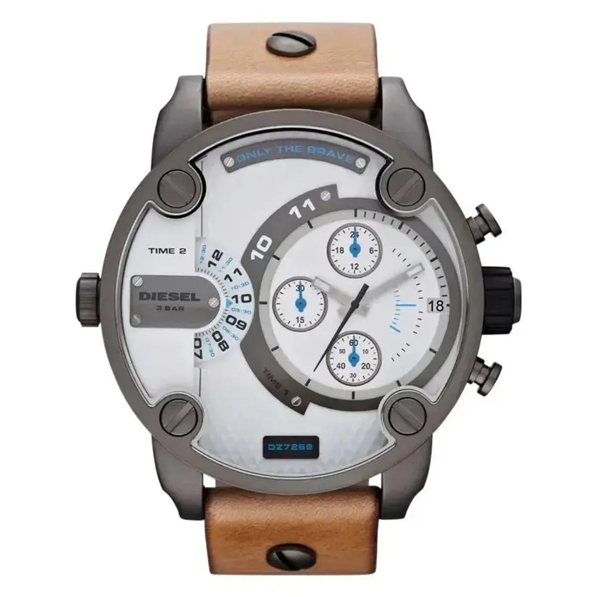 Diesel DZ7269 SBA Dual Time Chronograph White Dial Brown Leather Strap Watch For Men Diesel