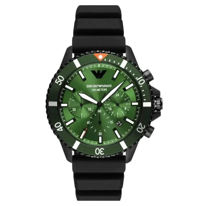 Emporio Armani AR11463 Diver Chronograph Quartz Green Dial Black Silicon Strap Watch For Men Emporio Armani