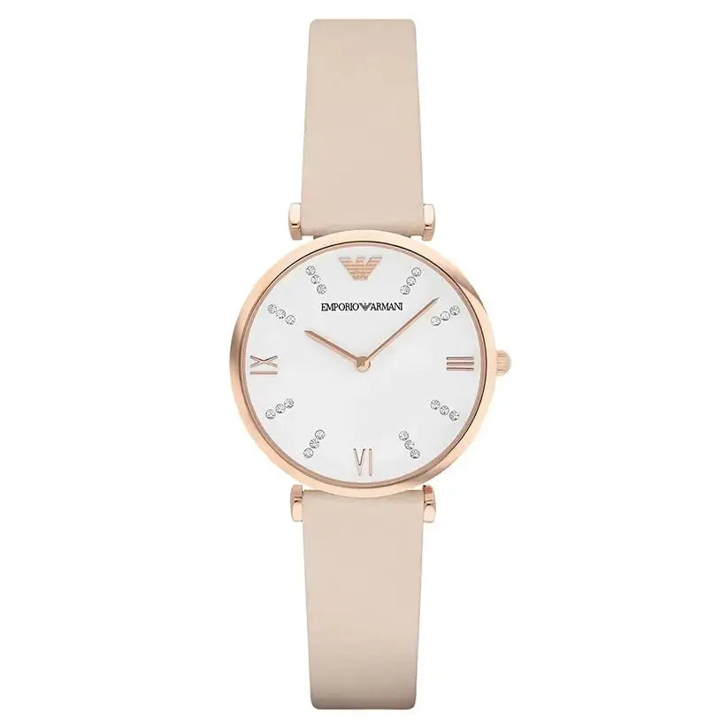 Emporio Armani AR1927 Gianni T Bar Quartz White Dial Beige Leather Strap Watch For Women Emporio Armani