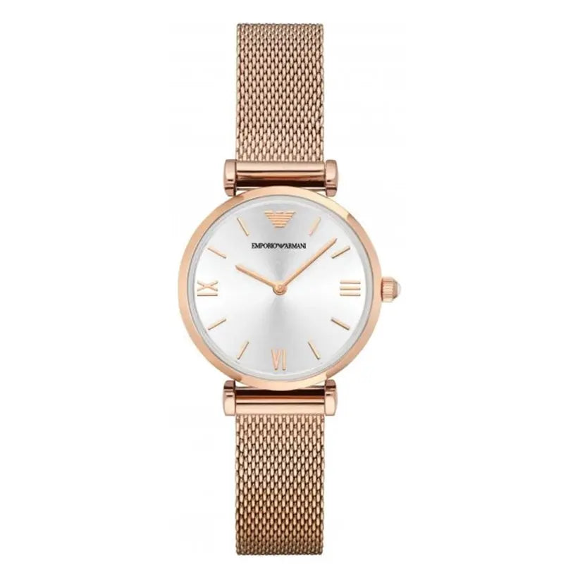 Emporio Armani AR1956 Gianni T Bar Silver Dial Rose Gold Mesh Bracelet Watch For Women Emporio Armani