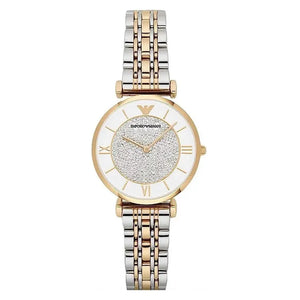 Emporio Armani AR2076 Gianni T Bar Analog White Dial Two Tone Steel Strap Watch For Women Emporio Armani