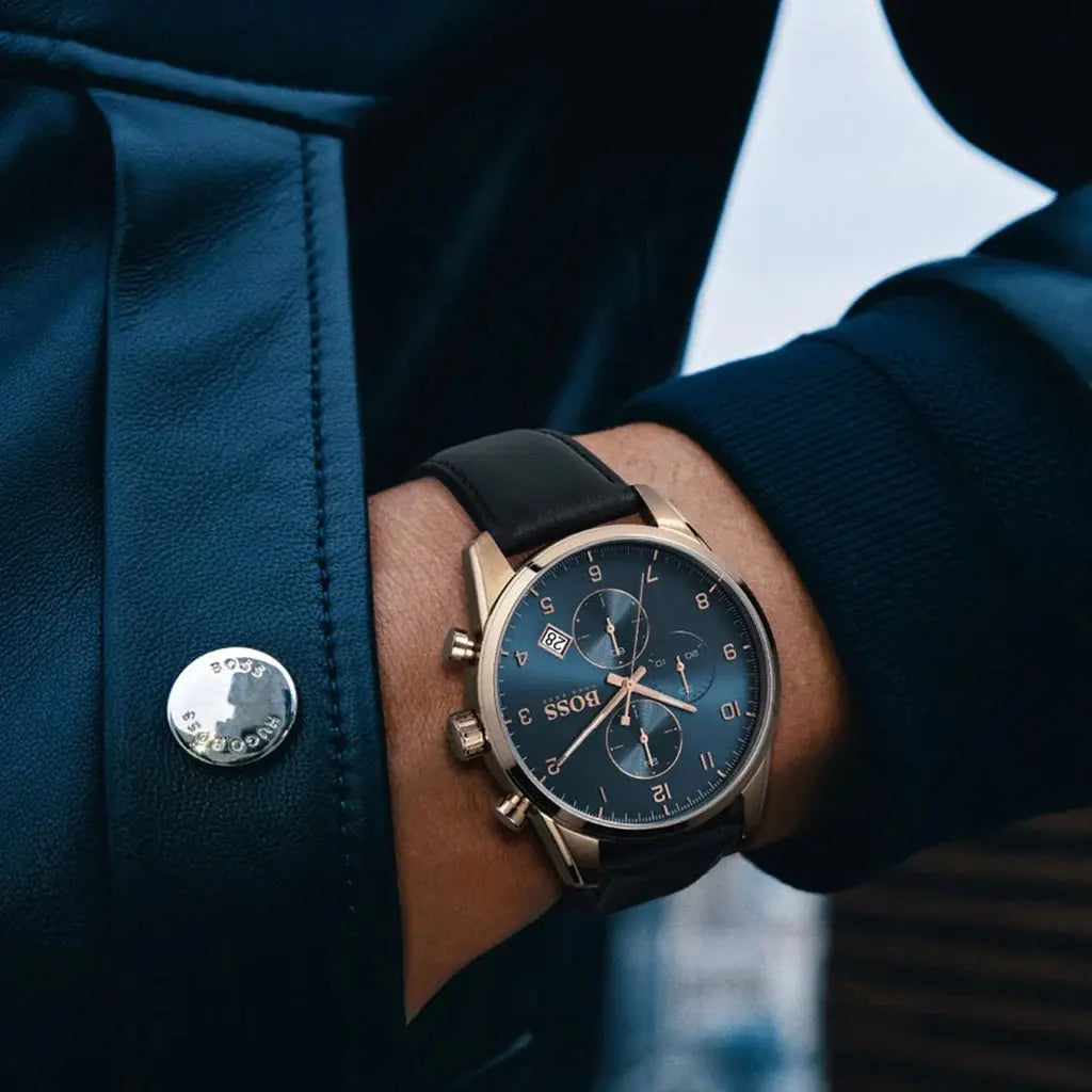 Hugo Boss 1513783 Skymaster Chronograph Blue Dial Black Leather Strap Watch for Men Hugo Boss