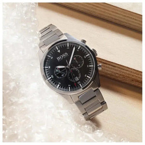 Hugo Boss 1513712 Pioneer Black Dial Silver Steel Strap Watch for Men Hugo Boss
