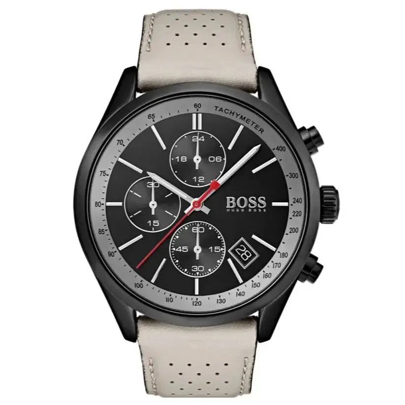 Hugo Boss 1513562 Grand Prix Chronograph Black Dial Grey Leather Strap Watch for Men Hugo Boss