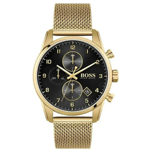 Hugo Boss 1513838 Skymaster Black Dial Gold Mesh Bracelet Watch for Men Hugo Boss