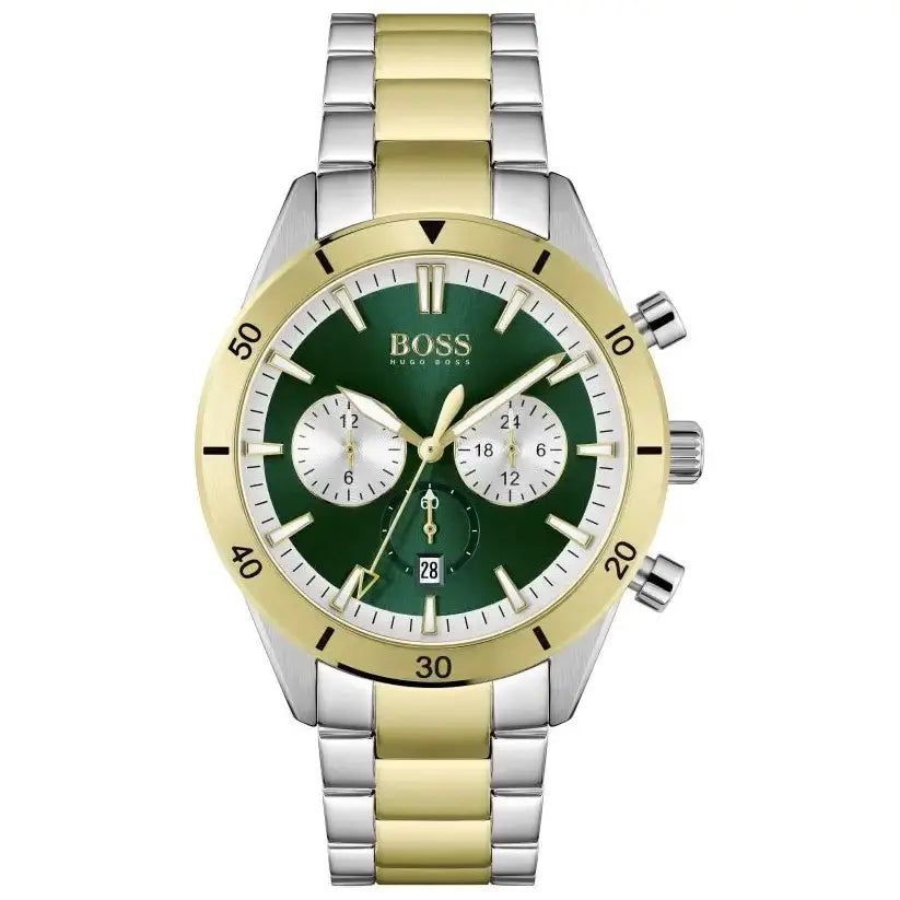 Hugo Boss 1513872 Santiago Green Dial Two Tone Steel Strap Watch for Men Hugo Boss