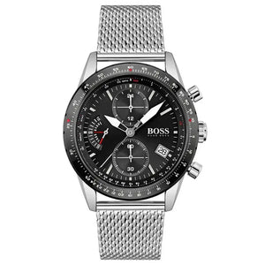Hugo Boss 1513886 Pilot Edition Black Dial Silver Mesh Bracelet Watch for Men Hugo Boss