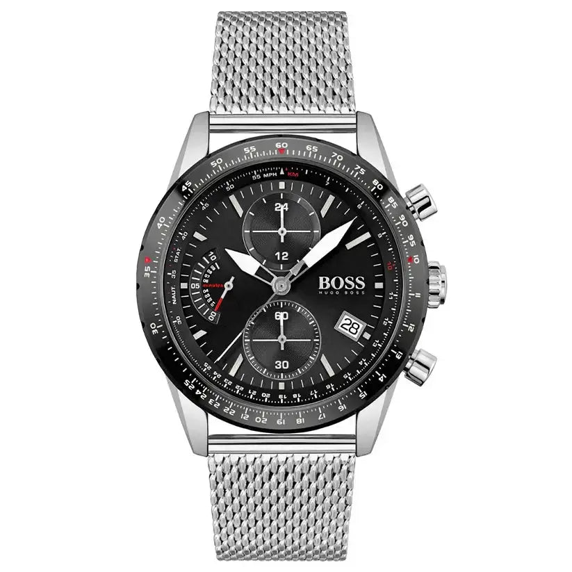 Hugo Boss 1513886 Pilot Edition Black Dial Silver Mesh Bracelet Watch for Men Hugo Boss