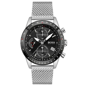 Hugo Boss 1513886 Pilot Edition Black Dial Silver Mesh Bracelet Watch for Men Hugo Boss