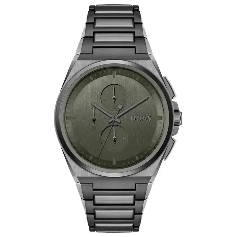 Hugo Boss 1514045 Steer Chronograph Grey Dial Grey Steel Strap Watch For Men Hugo Boss
