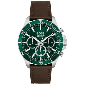 Hugo Boss 1514098 Troper Chronograph Green Dial Brown Leather Strap Watch For Men Hugo Boss