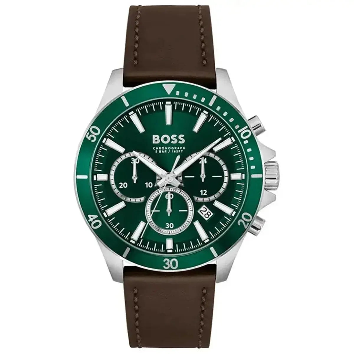 Hugo Boss 1514098 Troper Chronograph Green Dial Brown Leather Strap Watch For Men Hugo Boss