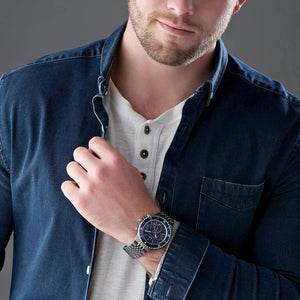 Michael Kors MK8727 Bayville Chronograph Blue Dial Grey Steel Strap Watch For Men Michael Kros